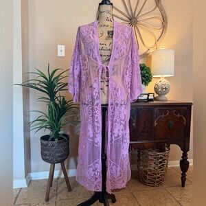 Forgotten Grace Vibrant Lavender Lace Embroidered Floral Sheer Kimono Duster